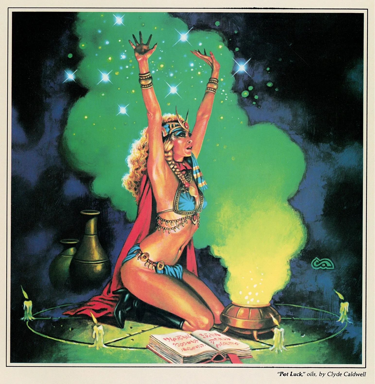 A robed sorceress kneels within a magic circle with arms raised over a smoking cauldron, surrounded by candles and an open grimoire, green mist swirling upward.