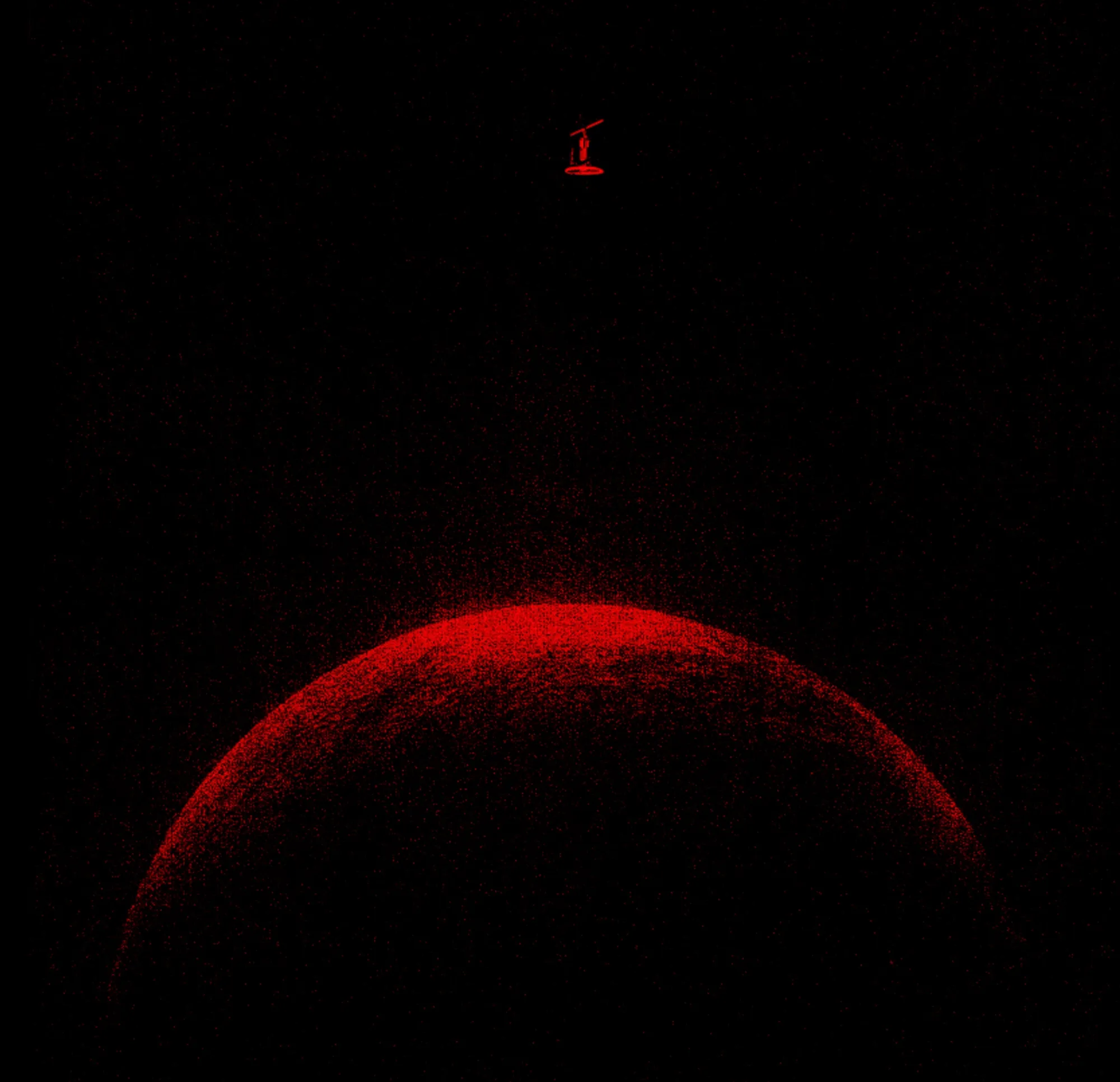 An minimalist illustration of a tiny red space station in orbit above a red planet.