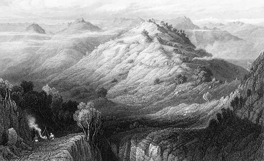 Metal engraving of a path through cloudy hills, which dwarf a campfire in the foreground.